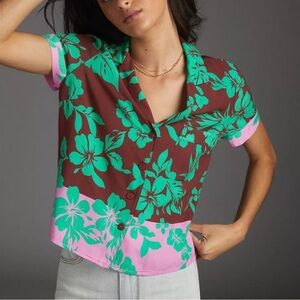 Corey Lynn Calter V Neck Button Up Shirt Womens Medium Short Sleeve Floral NWOT